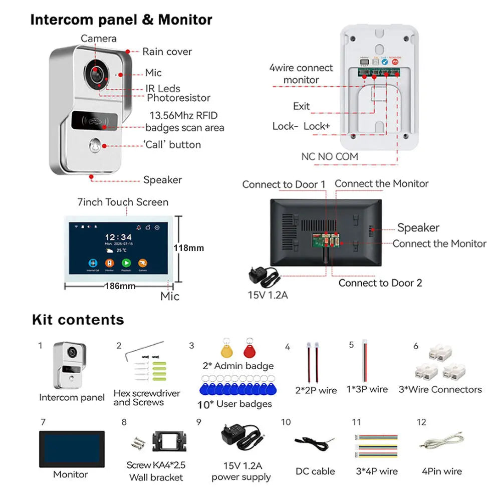 Tuya 7 inch LCD Wired Doorbell Wireless Wifi Smart Video Doorphone 2/3 Monitor HD 1080P Camera IC Card Unlock Intercom System