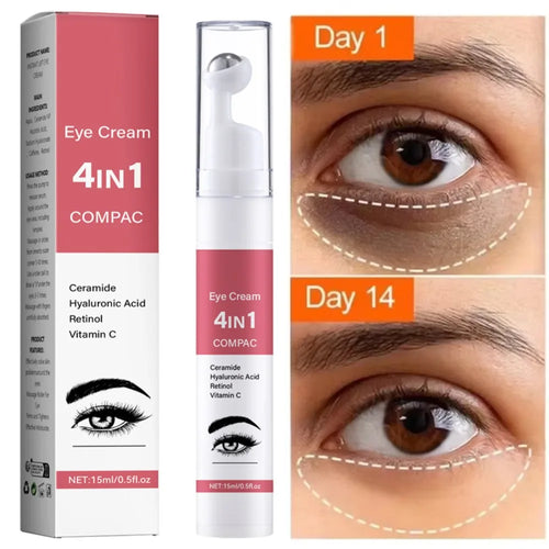 4-in-1 eye cream box and pump tube, white with pink label and cap