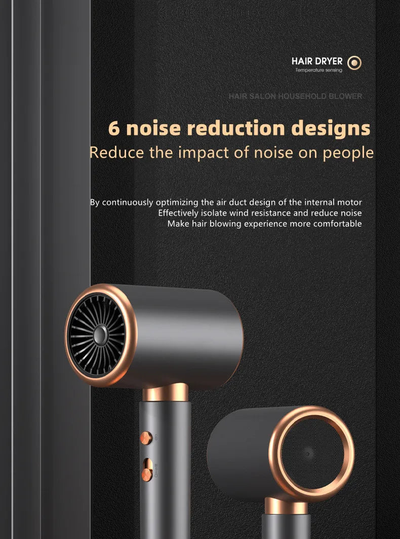 Grey and gold 2400W high-speed ionic hair dryer for salon or home use, featuring ultra-silent noise reduction design.