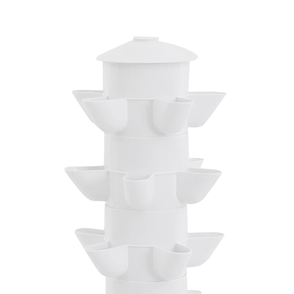 White vertical hydroponic planter tower with empty stacked planting cups