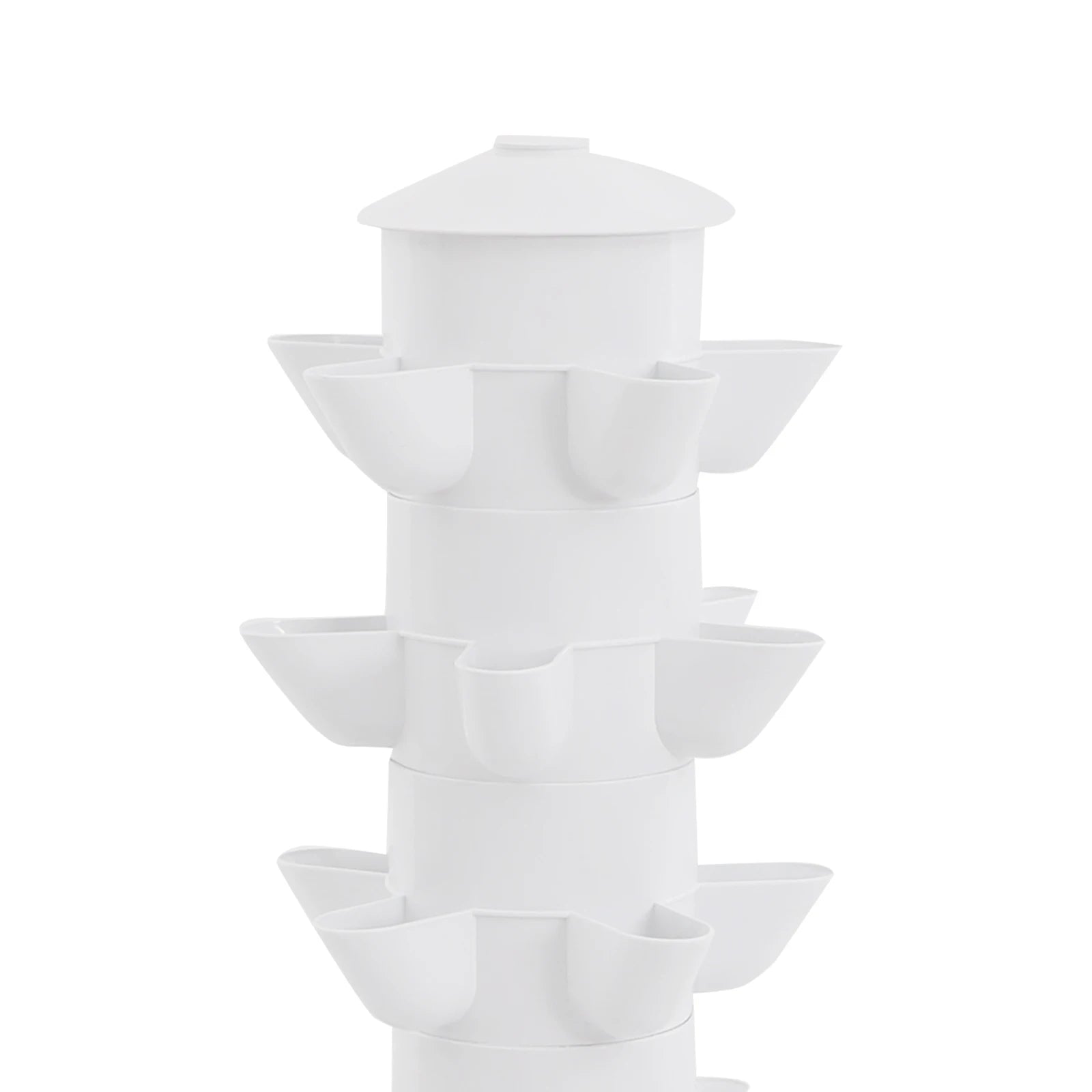 White vertical hydroponic planter tower with empty stacked planting cups