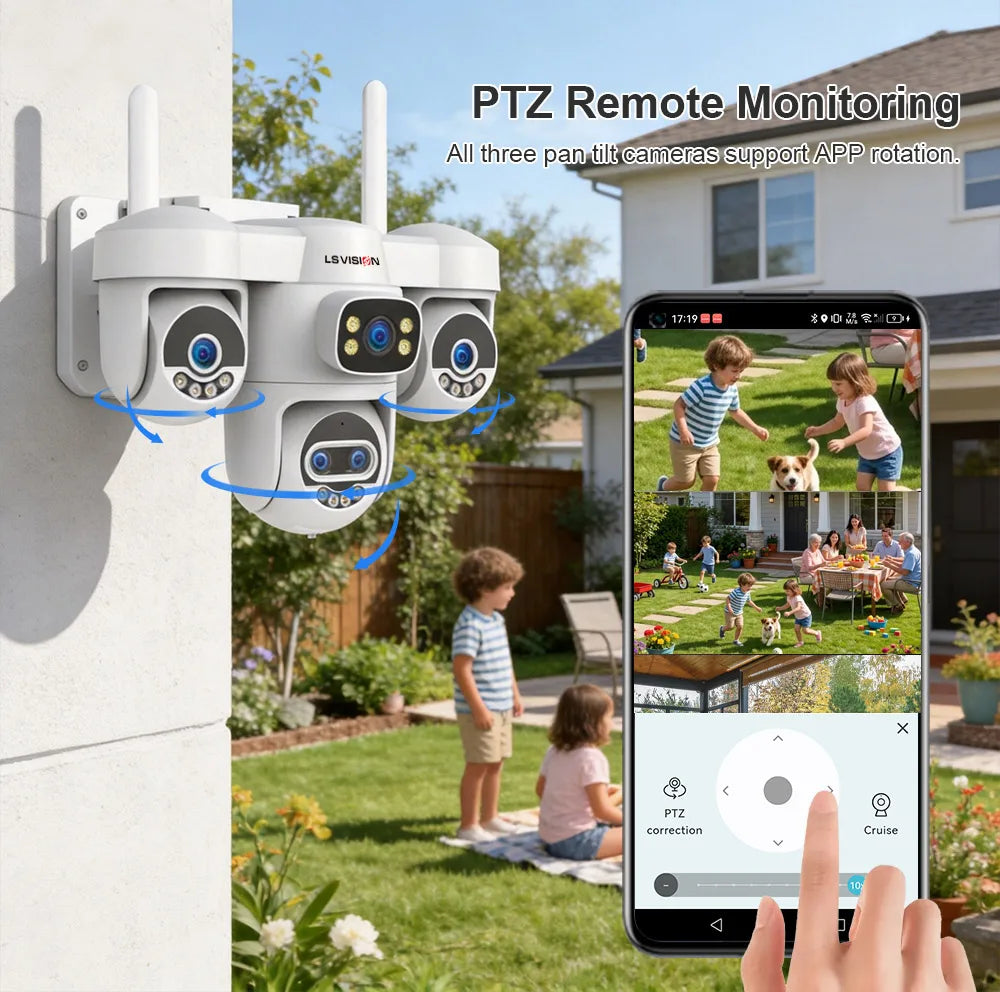 LS VISION 20MP 10X Zoom Three PTZ WiFi Security Camera Outdoor Four Screens 5-Lens Auto Tracking PC Client CCTV Cam Okam Pro App