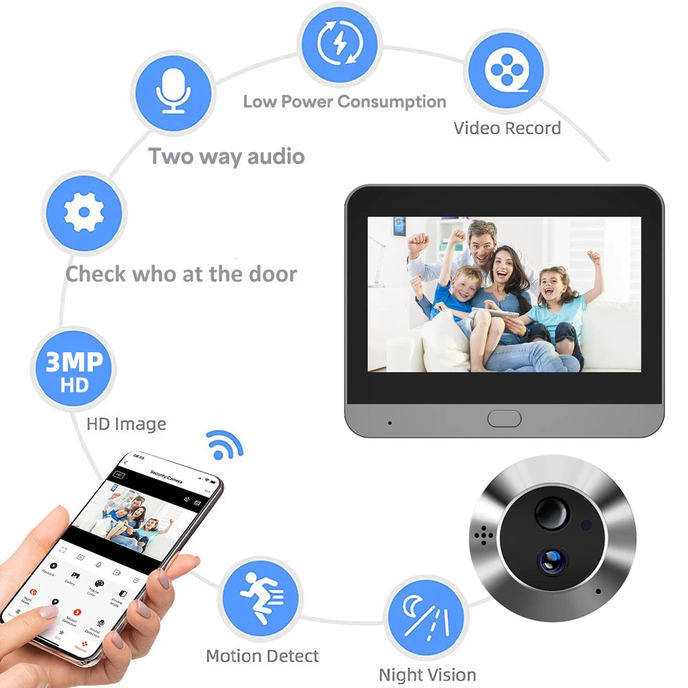Battery Powered MINI Two Way Talk Tuya SmartLife APP 3MP Wide View 2.4G WiFi 940NM Infrared Digital Door Peephole Eye PIR Camera