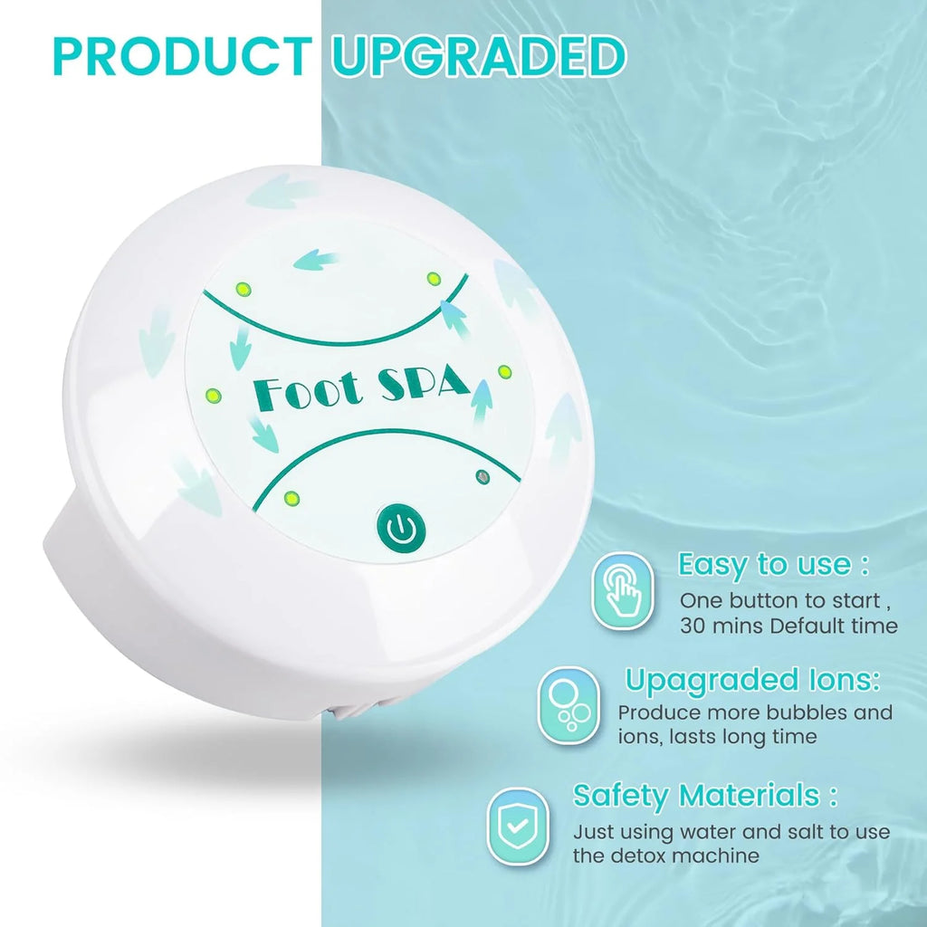 White ionic detox foot spa machine with power button, bubble technology, and safety features for home health therapy.