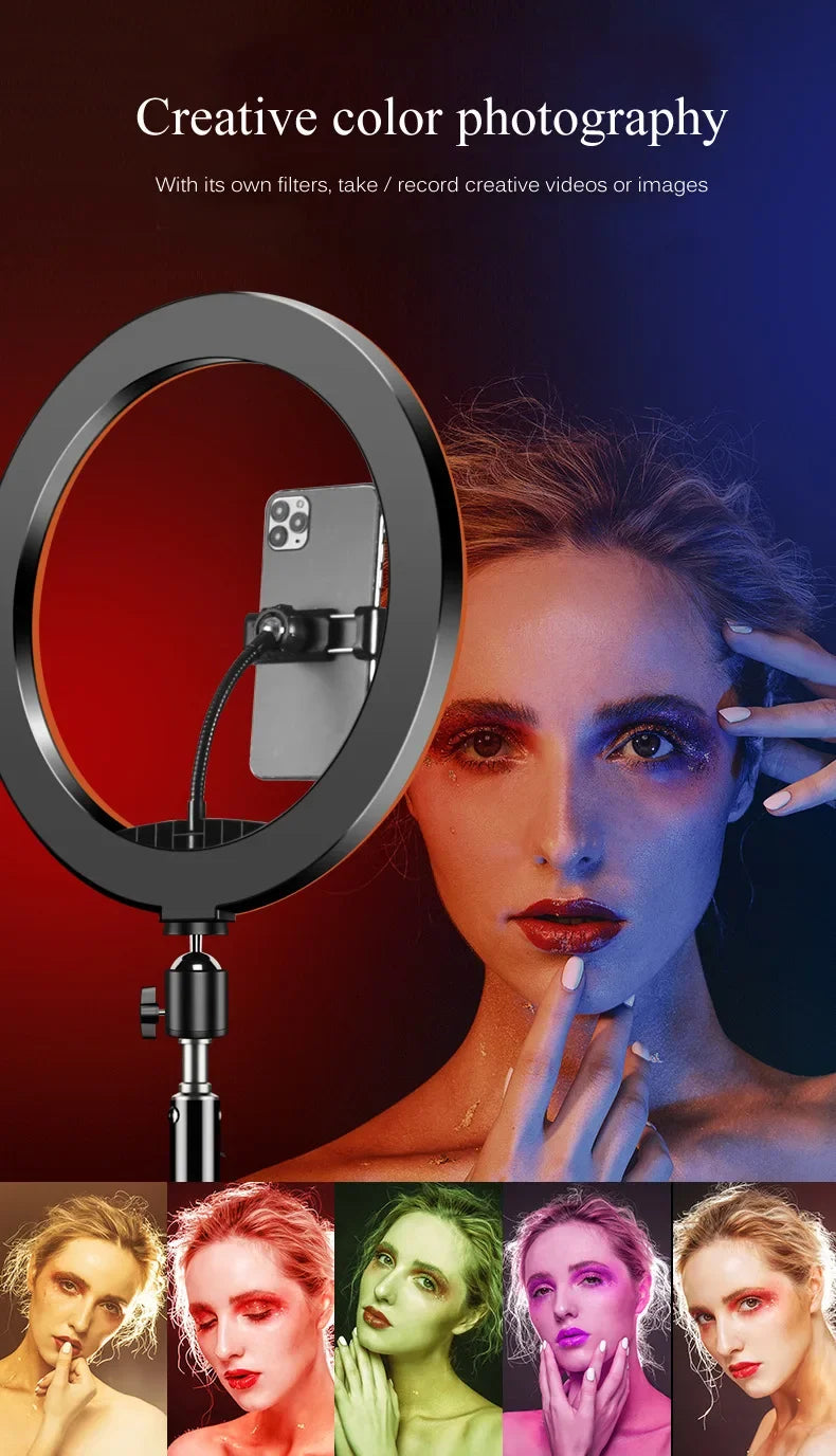 Black circular LED ring light on a tripod stand with an adjustable phone mount for photography and video recording.