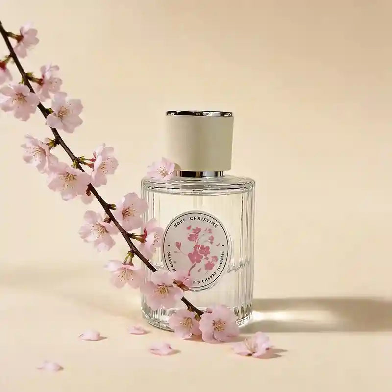 Hope Christine Cherry Blossom perfume for women: ribbed glass bottle, long-lasting floral spring scent, luxury gift.