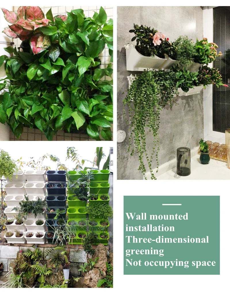 Wall-hanging modular planter set with cascading green plants in cups