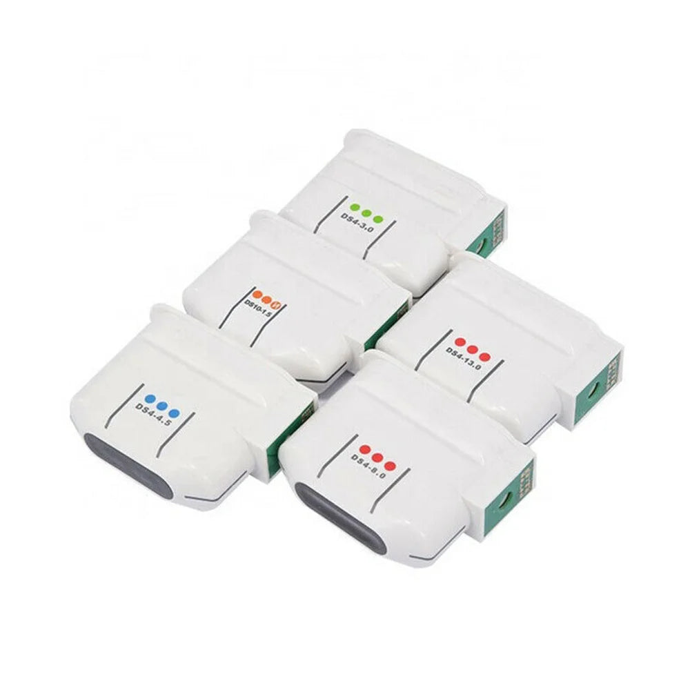 Five white HIFU machine cartridges with color-coded labels (green, orange, blue, red) and model numbers on white bases.