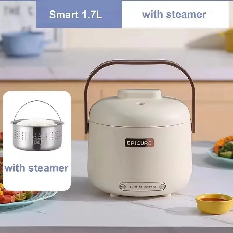 1.7L white electric rice cooker with steamer lid and carry handle
