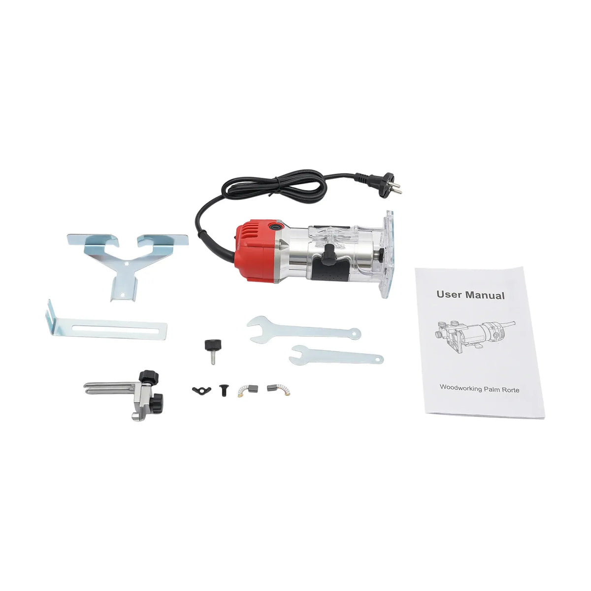 Electric wood router trimmer kit with accessories, cord, and user manual