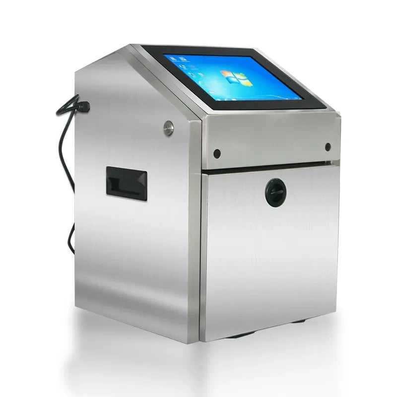 Enclosed stainless steel inkjet printer with touchscreen panel and side power switch