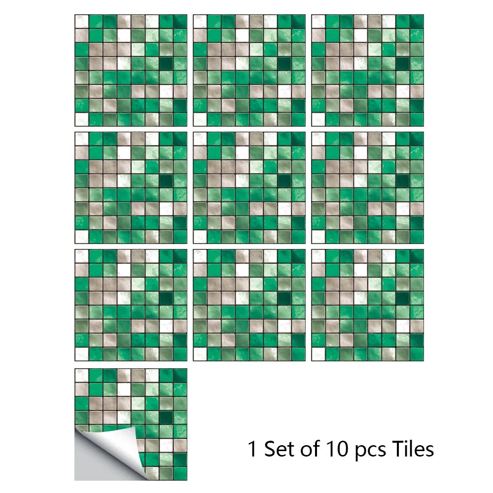 Mosaic tile sticker set with green and white square mosaic tiles, peel-and-stick wall