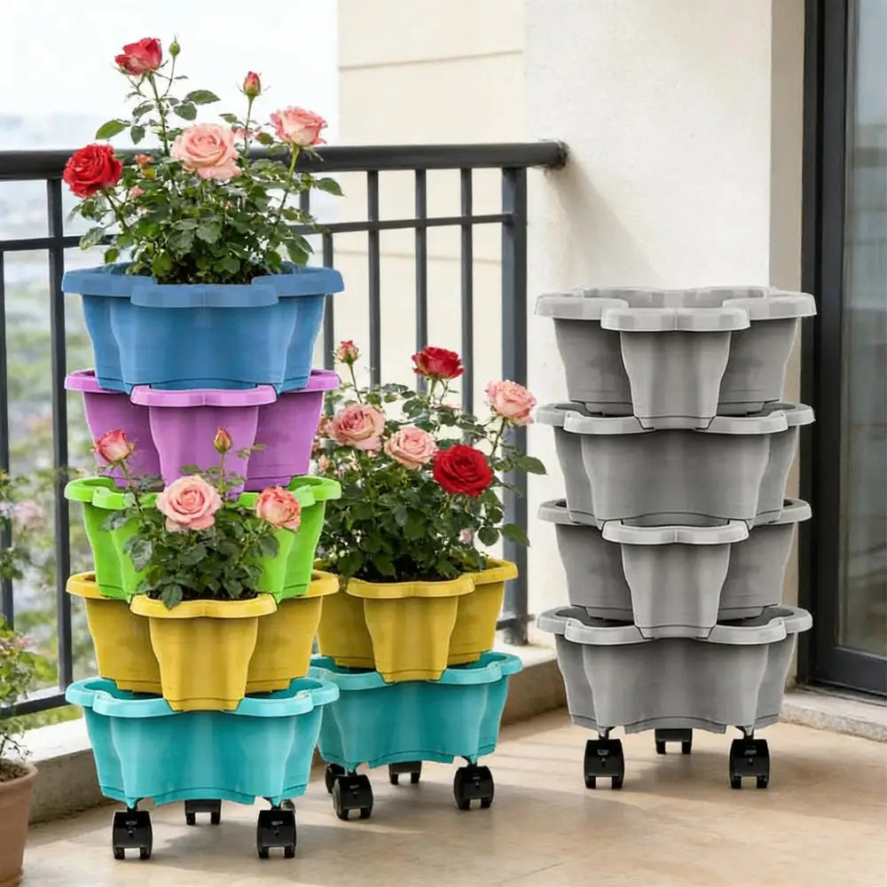 Stackable Vertical Planter 4/5-Tier with Wheels Weatherproof Plastic Flower Pot Garden Towers for Vegetable Strawberry Planter