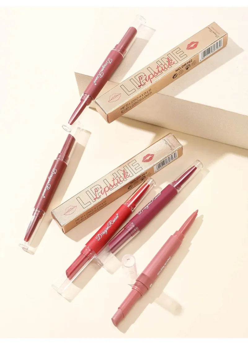 Dual-ended rose red and nude matte lipstick and lip liner pencil set in gold packaging. Waterproof long-lasting makeup.
