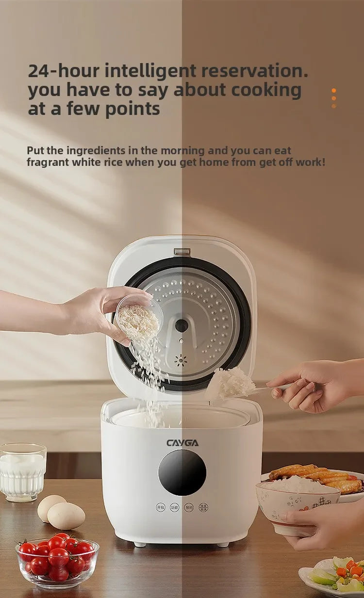 White mini electric rice cooker with hands adding ingredients before cooking