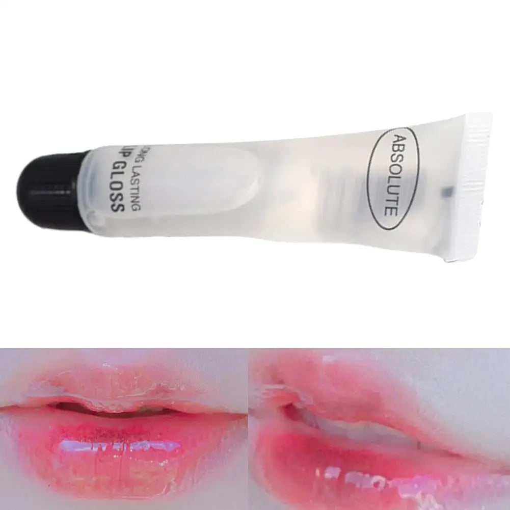 Absolute transparent lip gloss in squeeze tube, hydrating, smoothing, and plumping formula for glossy pink lips.
