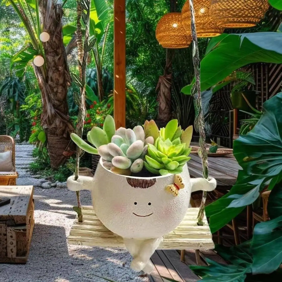 Mini hanging succulent planter pot, cream face design with arms holding small succulents