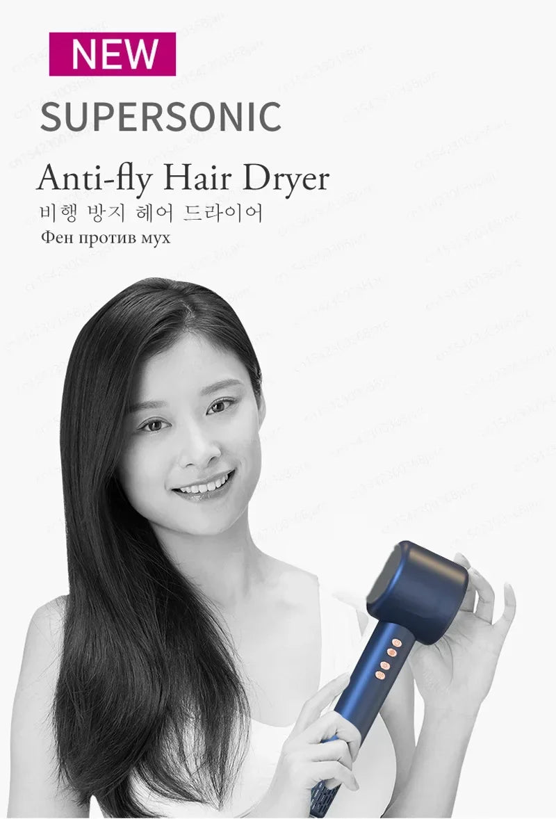 1600W blue leafless ionic hair dryer for smooth styling, held by a woman, professional anti-flyaway hair care tool.