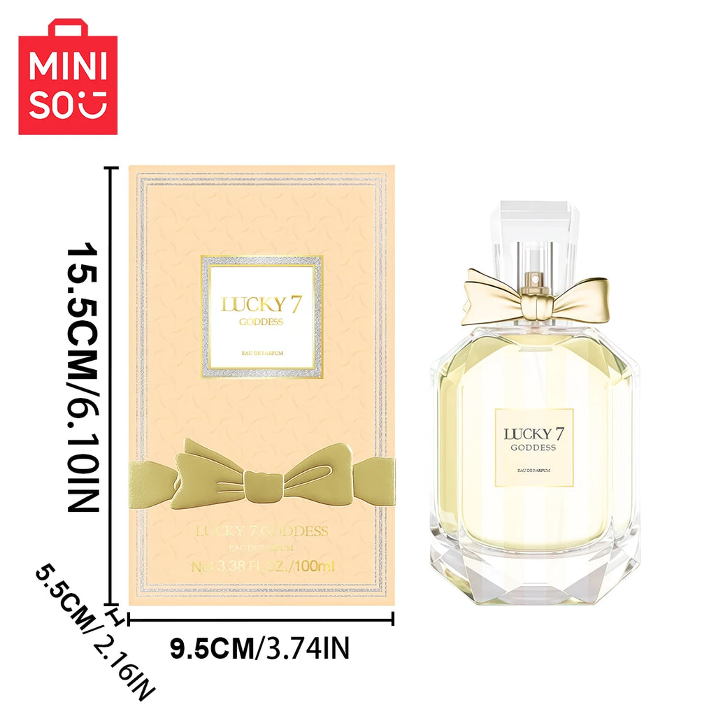 MINISO Lucky 7 Goddess 100ml Eau de Parfum for women, floral scent in elegant bow-detailed faceted glass bottle.