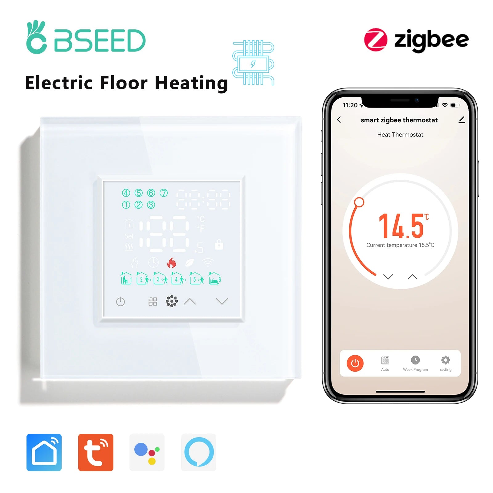 BSEED Zigbee Thermostat LED Touch Screen Switches Electric Floor Heating Room Alexa Temperature Controller Tuya App USB Socket