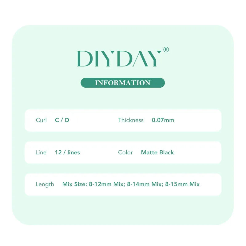 DIYDAY product information card showing matte black eyelash extensions specs: C/D curl, 0.07mm thickness, 12 lines.