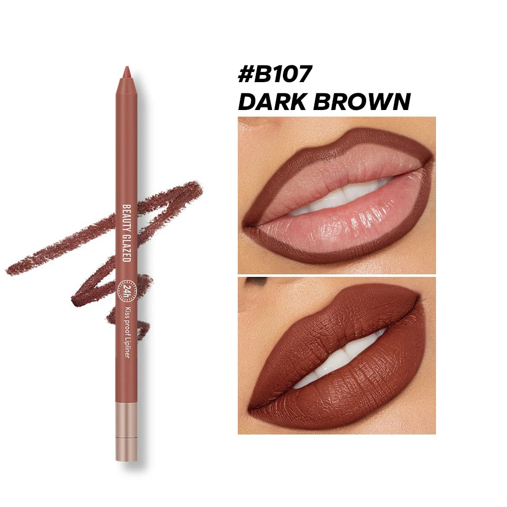 Dark Brown waterproof matte lip liner pencil by Beauty Glazed, shown as a swatch and applied on lips.