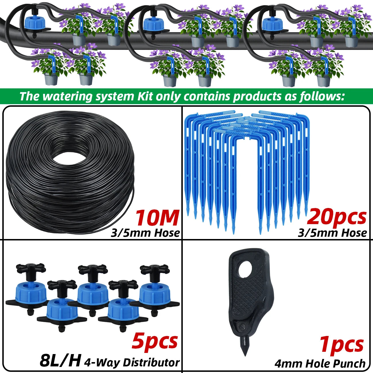 4-way drip irrigation kit with blue 3/5mm hose coil, black drippers and hole punch