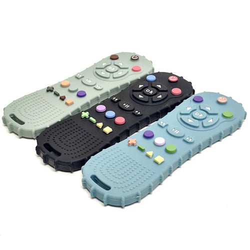Green, black, and blue silicone baby teething toys shaped like remote controls for infant pain relief.