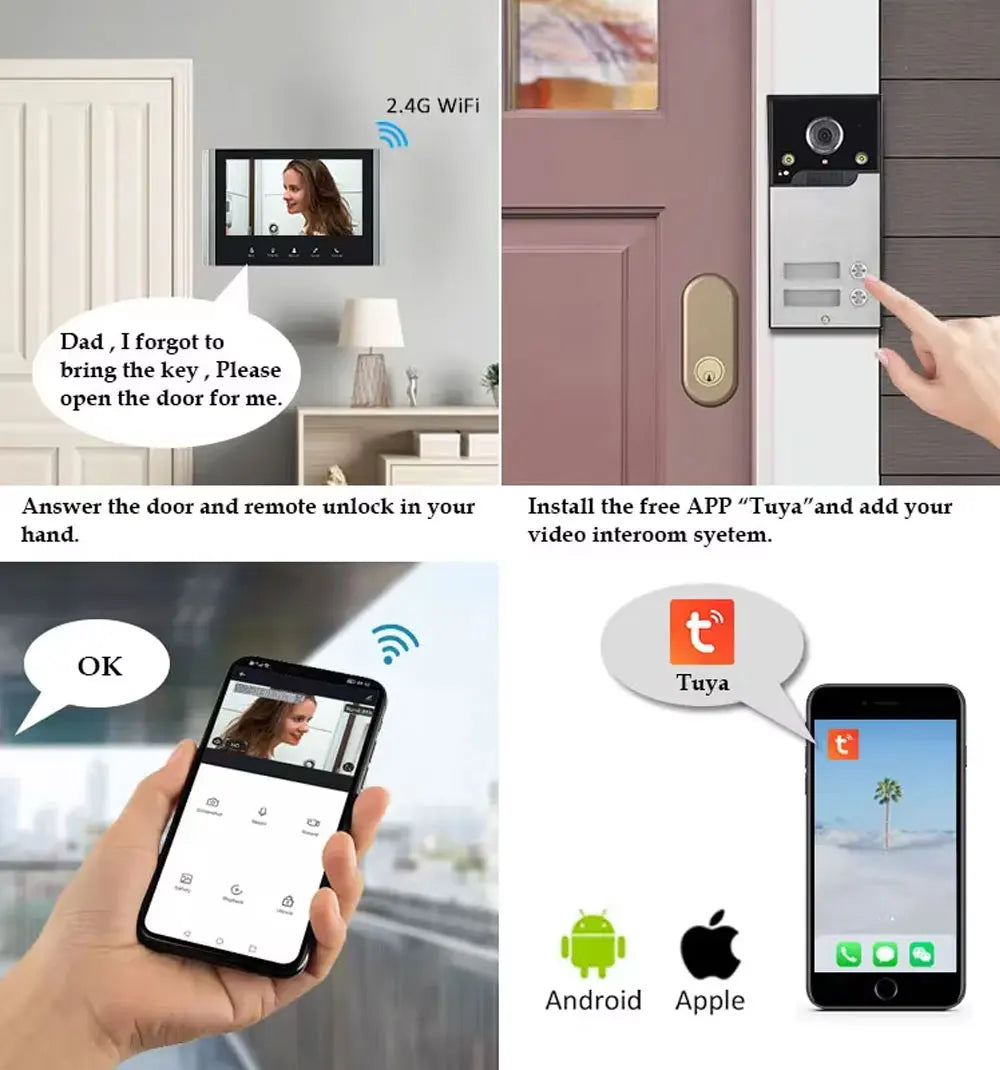 7 Inch LCD Video Doorphone Intercom Wide Angle Waterproof 1080P Camera Doorbell System for 2/3/4 Apartment Family Access Control