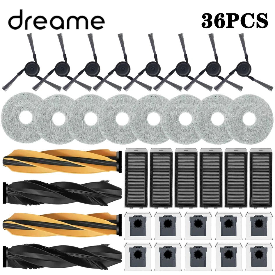 Tidesmit replacement parts kit for Dreame and MOVA robot vacuums including main brush, filters, mops, and dust bags.