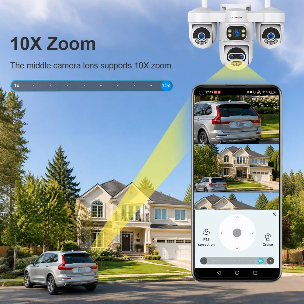 LS VISION 20MP 10X Zoom Three PTZ WiFi Security Camera Outdoor Four Screens 5-Lens Auto Tracking PC Client CCTV Cam Okam Pro App