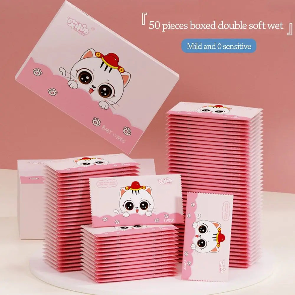 Oxilim 50-piece boxed baby wipes, soft, mild, and sensitive skin care wet wipes with cute cartoon cat design.