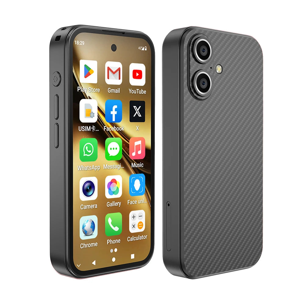 UNIWA Q333 mini 4G Android smartphone in black, showing front screen and carbon fiber texture back, dual camera view.