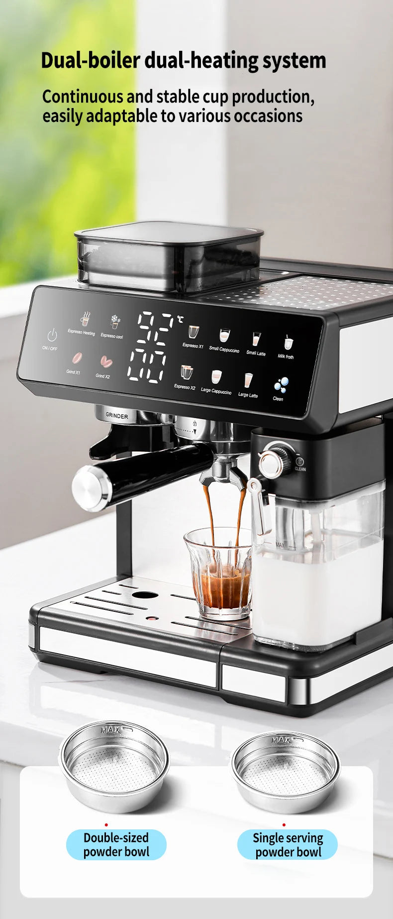 Black and silver dual-boiler espresso machine with built-in grinder, digital touchscreen, and milk frother.