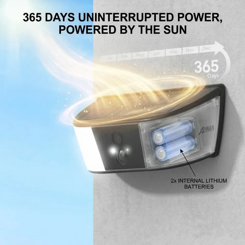 Solar WiFi floodlight security camera with internal lithium batteries in clear compartment