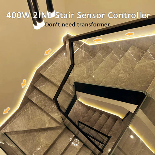 Stairway motion-sensor LED strip light kit illuminating steps along a wall