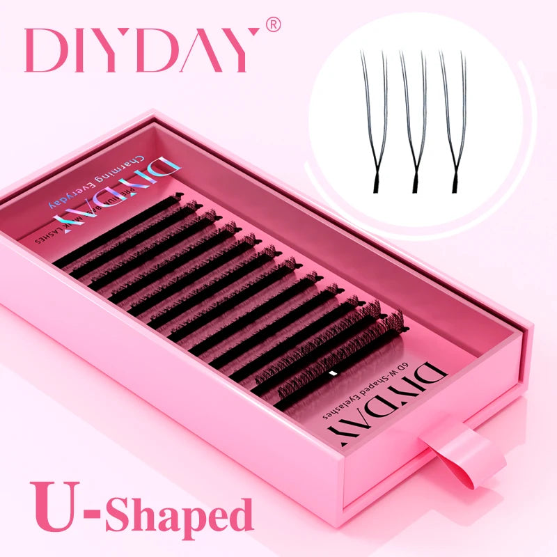 DIYDAY U-shaped Eyelash Extension Easy to Apply 3D Volume False Lashes Natural Wispy U YY Shape Faux Mink Eyelashes for Makeup 0.07mm Tidesmit