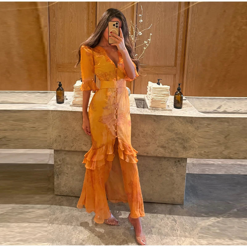 Printed Lace Patchwork Maxi Dress Women V-Neck Half Sleeve Single Breasted Lace Up Long Dresses 2026 Summer All-match Lady Robes
