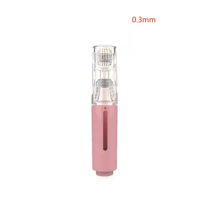 0.3mm derma roller with a clear microneedle head and a matte pink serum applicator handle on a white background.