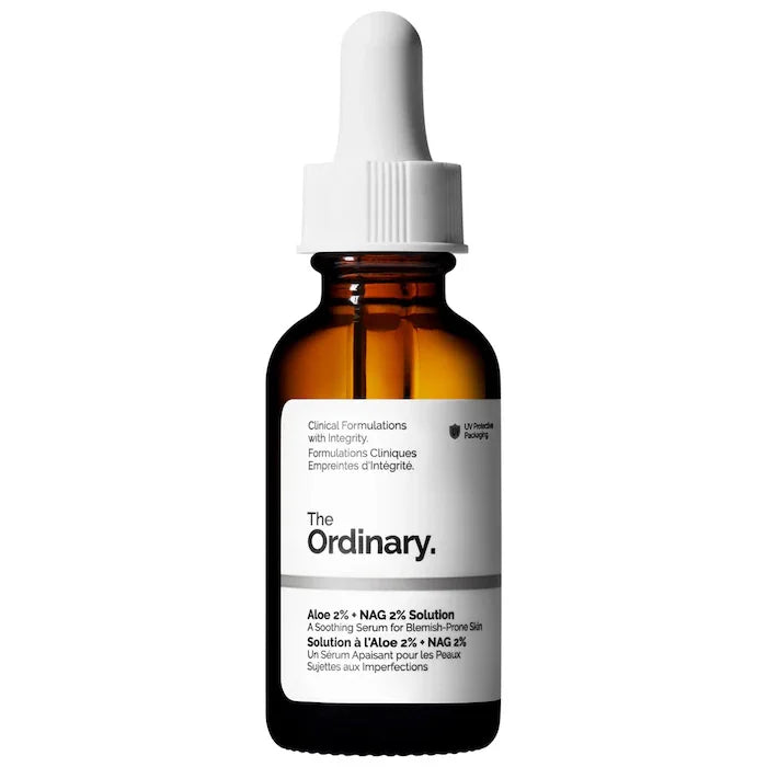 The Ordinary aloe 2% + NAG 2% solution serum in amber dropper bottle