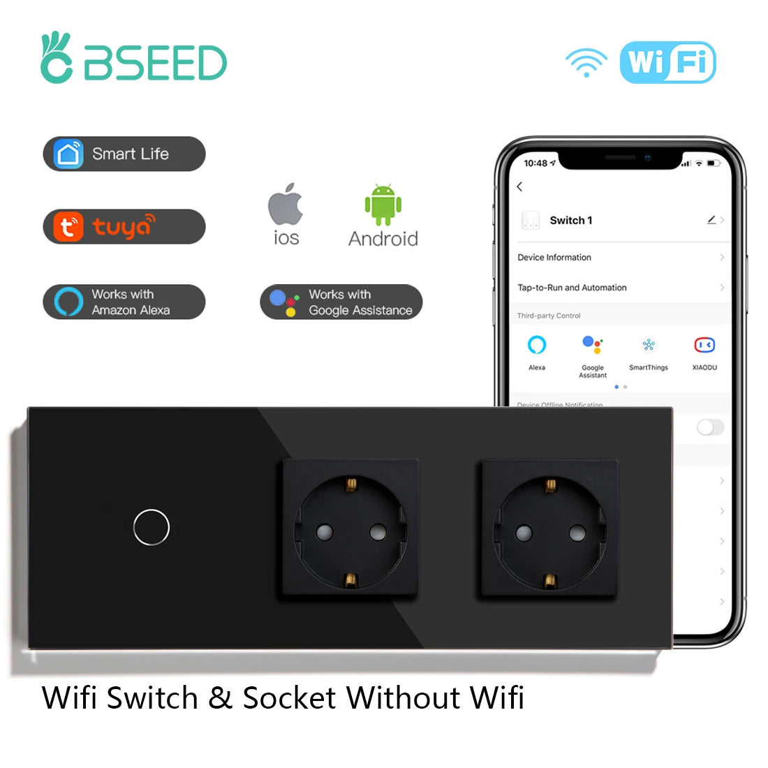Wifi Smart Light Switch | 1-3 Gang Touch Control | Alexa & Google Compatible 1G Double Socekt EU standard Tidesmit