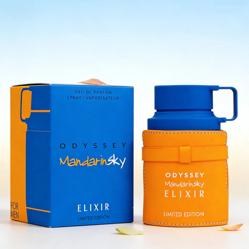 Eau de parfum bottle and box with blue cap and orange label, limited edition