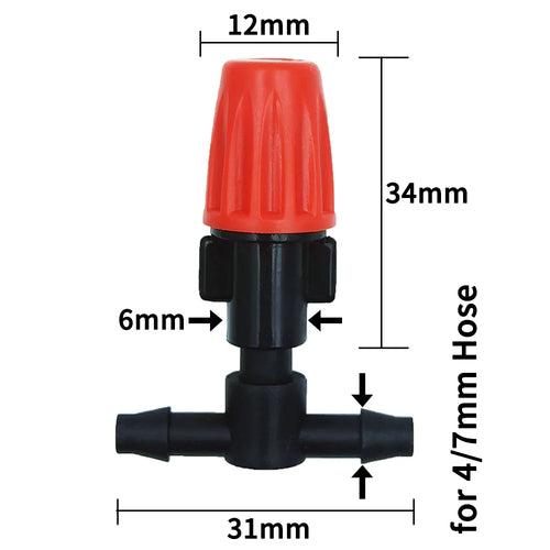 Orange dripper nozzle with black hose connector and outlet ports for drip irrigation