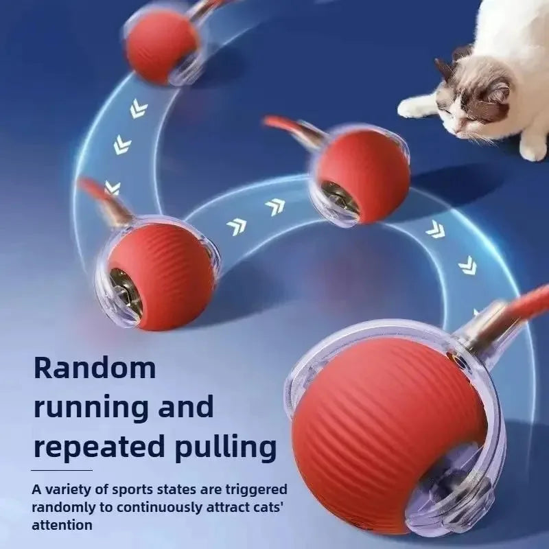 Interactive red rechargeable smart ball toy automatically rolling to keep cats and kittens engaged and active.