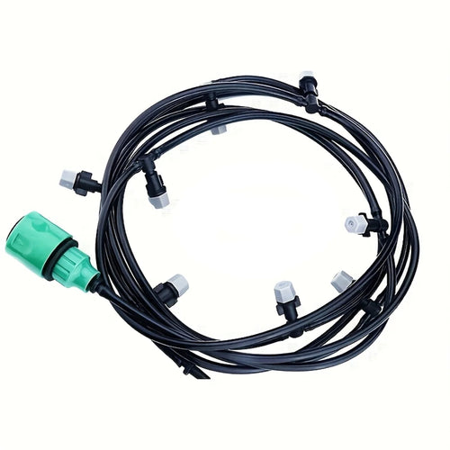 Outdoor cooling spray tubing set with black hoses and white jet nozzle connectors