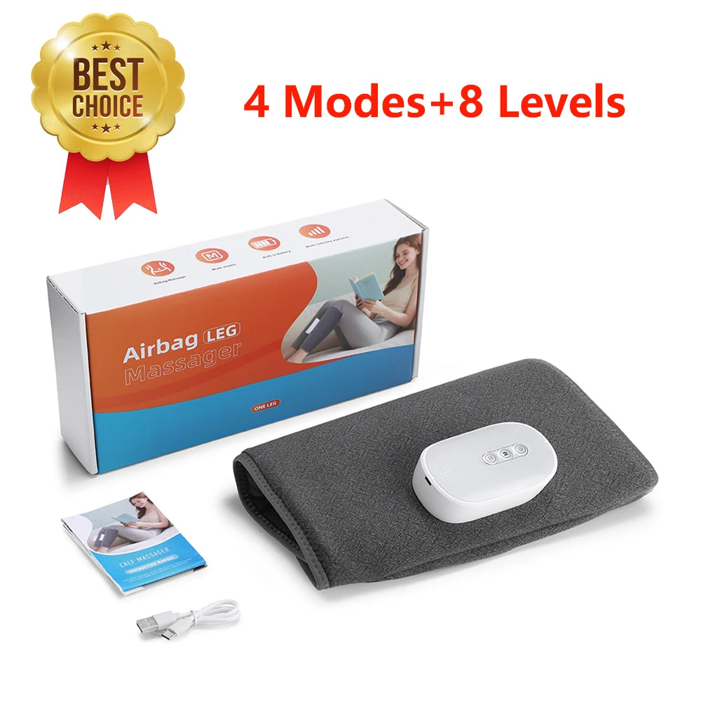 Gray fabric leg massager with white handheld controller, charging cable, manual, and branded product box.