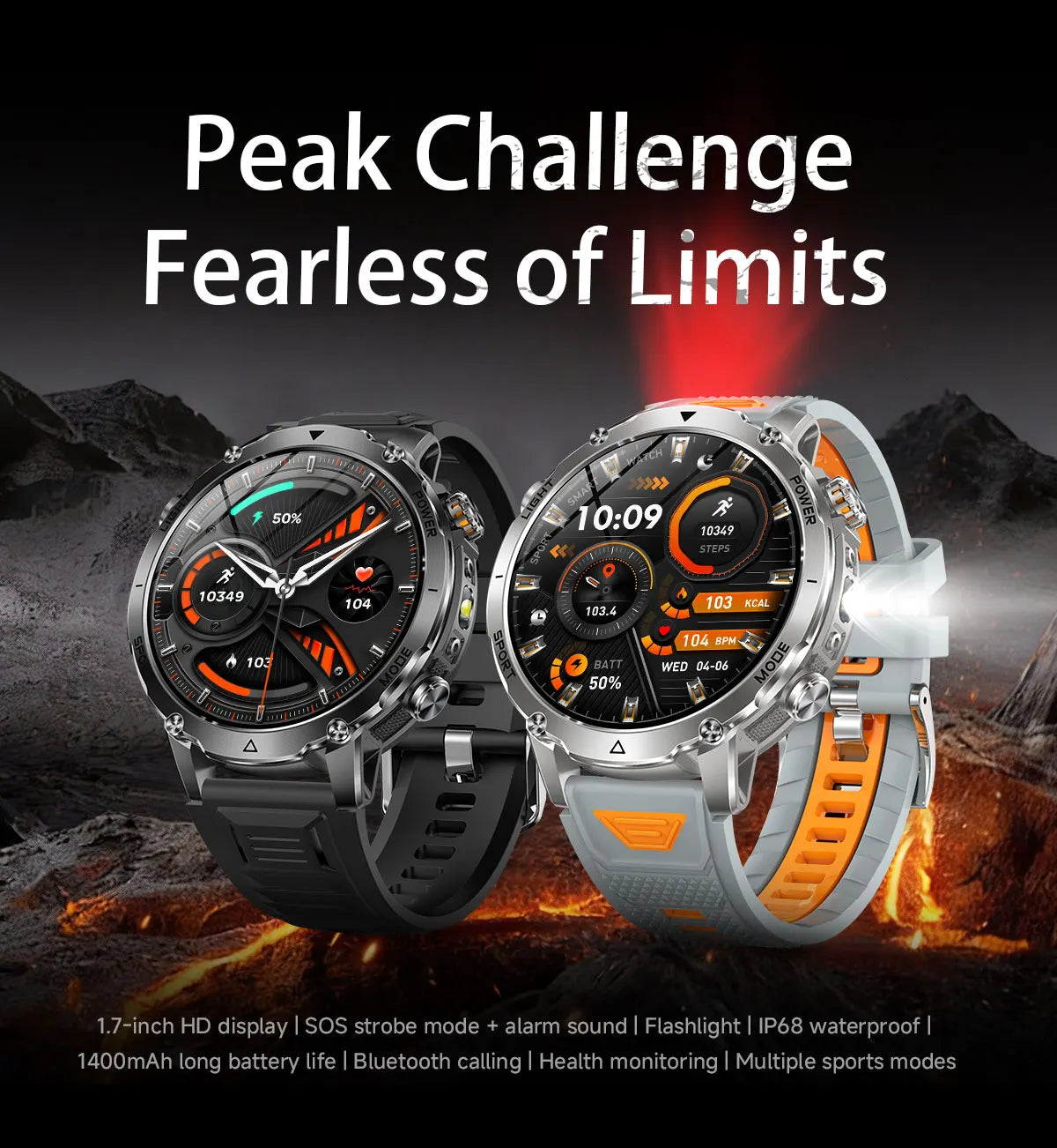 New Military ULtra 1400mAh Huge Battery SmartWatch Two Flashlight 10ATMan Waterproof HD Call 1.73“ 100+Sports Smart watch Man