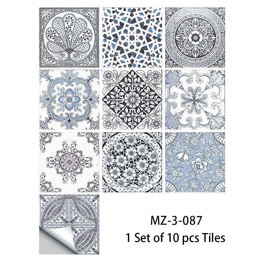 Black and light blue ornate damask floor sticker tiles set, waterproof non-slip.