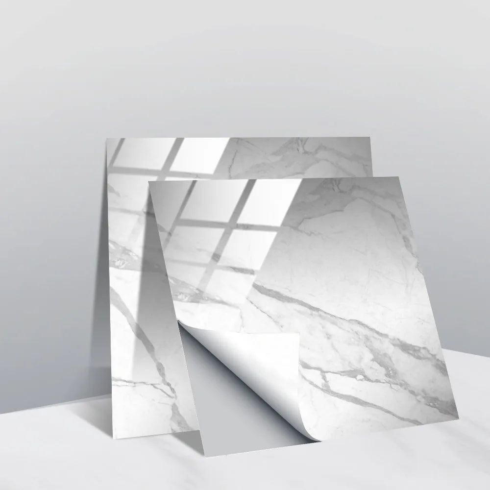Self-adhesive faux stone tile wall stickers, white and gray marble pattern with grid