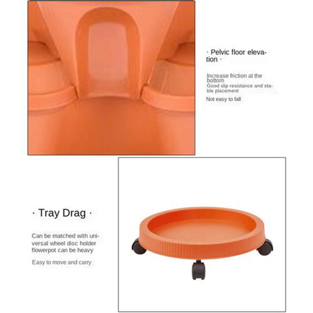 Orange plastic planter tower base with caster wheels shown on white background diagram